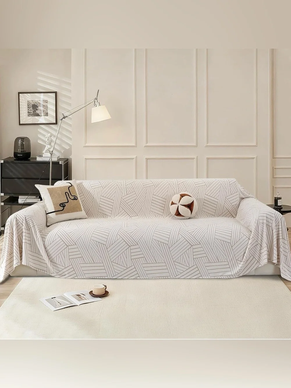 🆕 Neutral Geometric Sofa/Bedding Throw Cover - Sage Green & Beige - 2 Available!